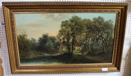 William R. Stone (fl.1865-1878) Figures beside a river in a wooded landscape, 18 x 32in.